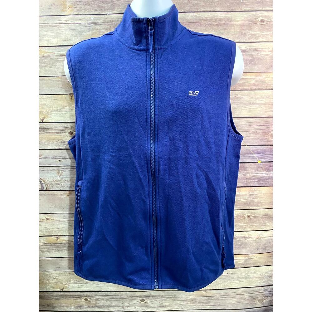 Vineyard Vines Vest Size M Blue Sleeveless Whale Logo Zip Front Performance